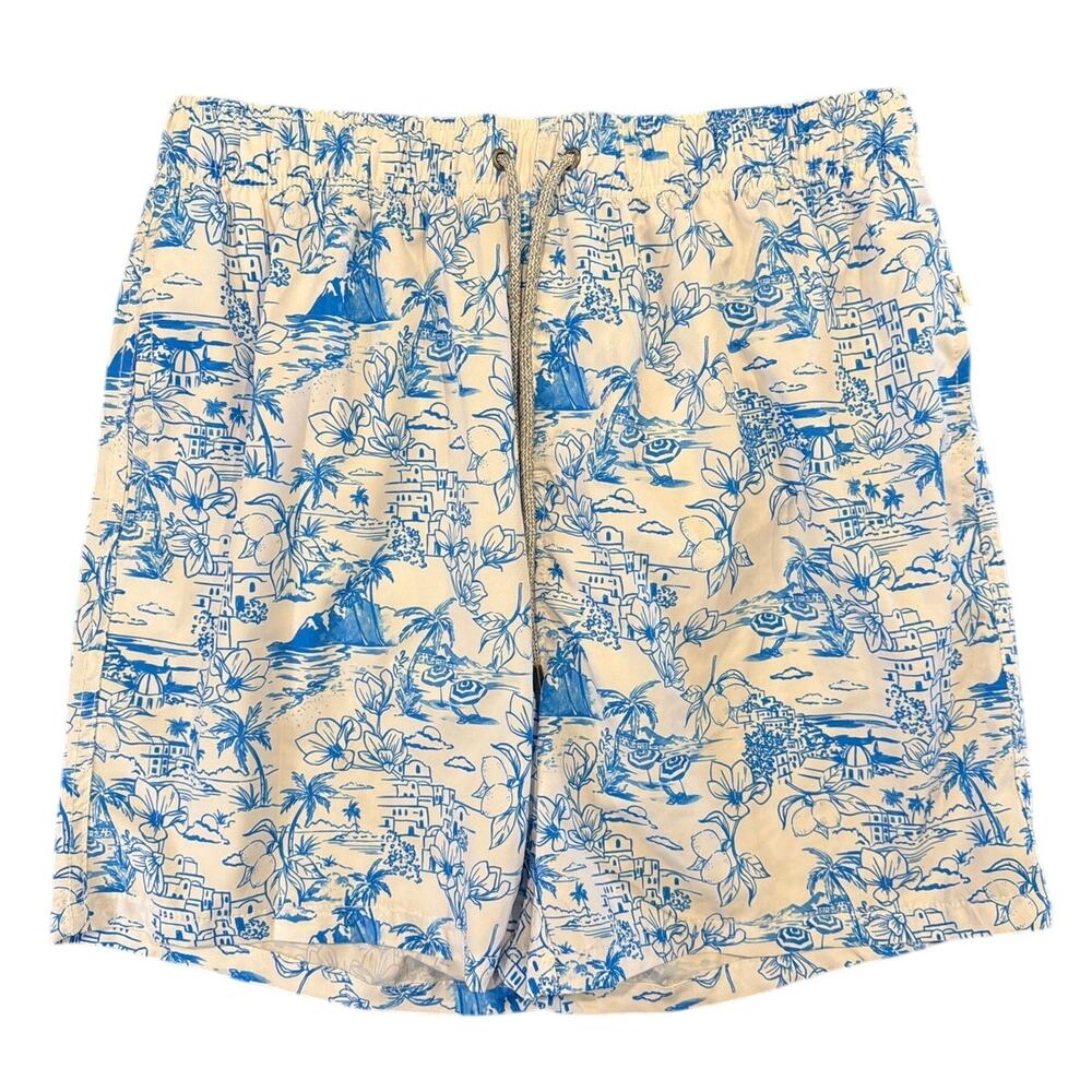 Vintage Summer Swim Trunks Lined Drawstring, White Blue Print, Mens XXL